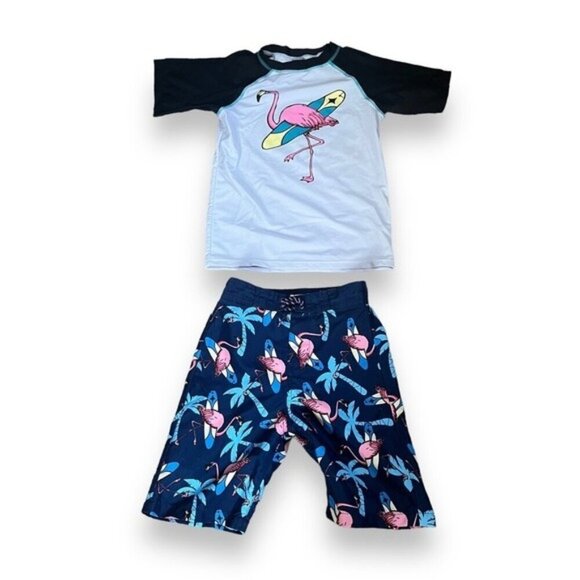 Appaman Boys Flamingo 8 Rash Guard & 7 Swim Trunks Set Beachwear Vacation Pool - Picture 1 of 8